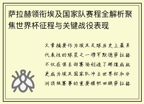 萨拉赫领衔埃及国家队赛程全解析聚焦世界杯征程与关键战役表现